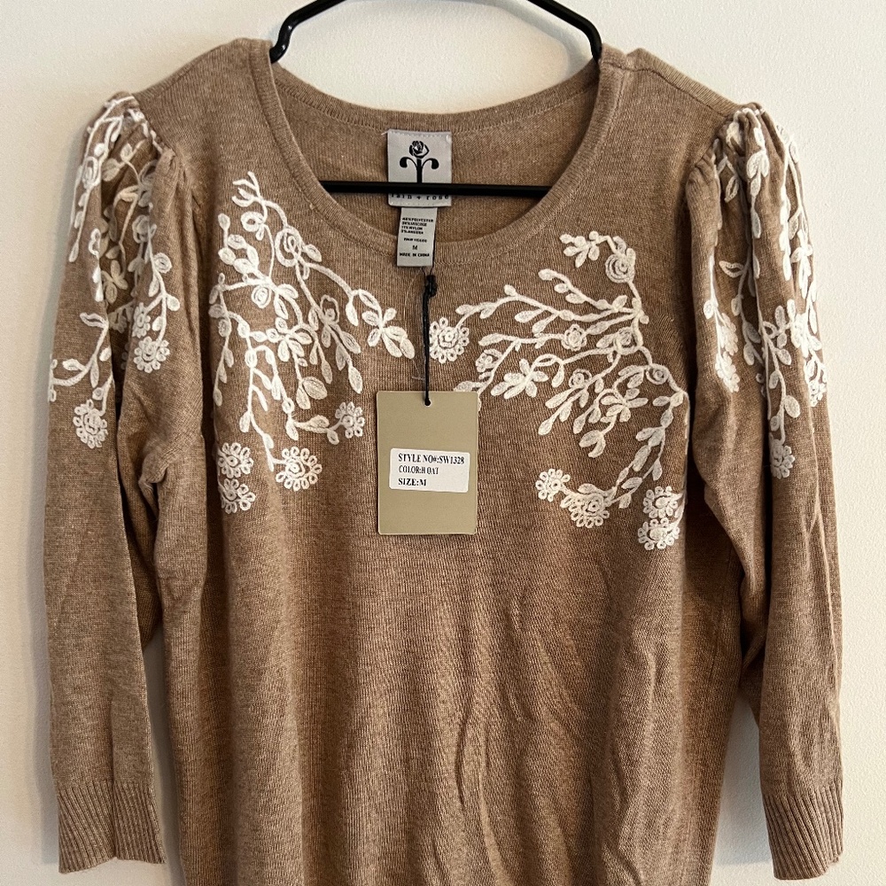 Angora Blend Embroidered Sweater New With Tags. Perfect for Fall. Carmel is in.